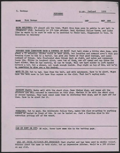 Dick Bosman scouting report, 1976 September