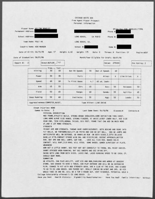 Milton Bradley scouting report, 1996 April 16