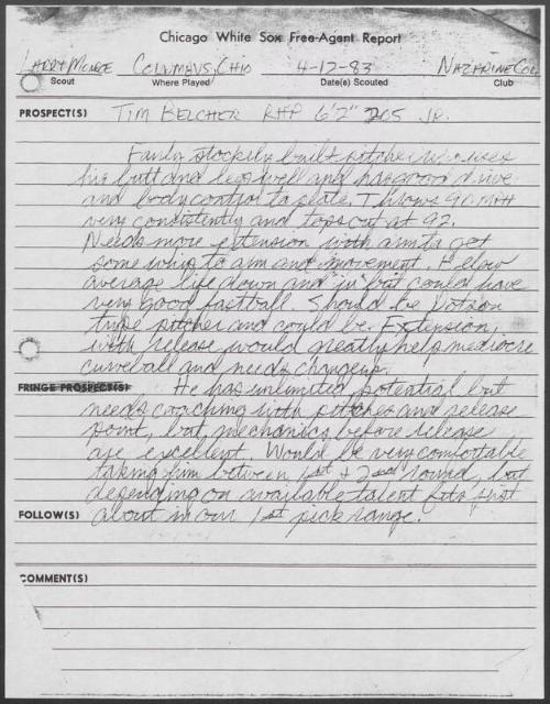 Tim Belcher scouting report, 1983 April 12