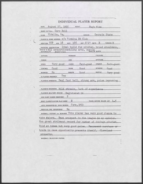 Gary Bell scouting report, 1955 August 27