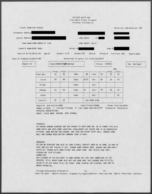 Rocky Biddle scouting report, 1997 March 07