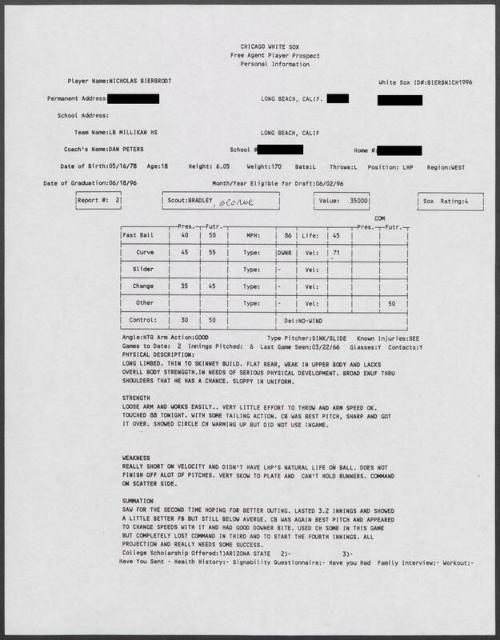 Nick Bierbrodt scouting report, 1996 March 22