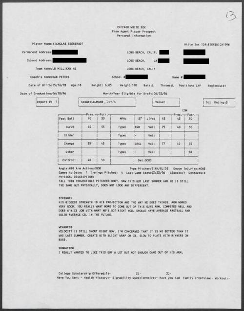 Nick Bierbrodt scouting report, 1996 March 23
