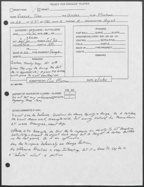 Todd Greene scouting report, 1995 May 17