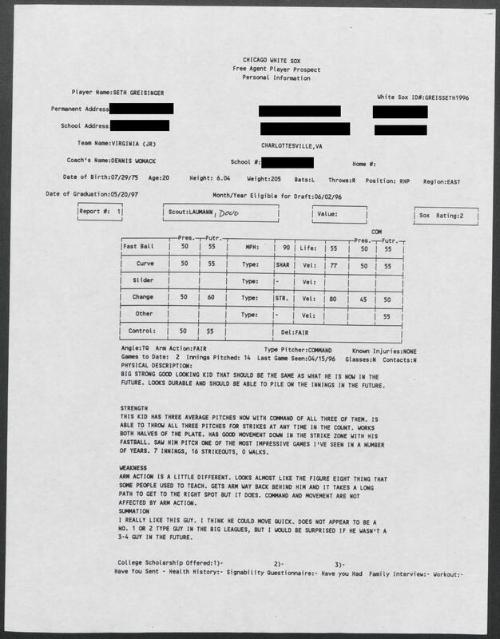 Seth Greisinger scouting report, 1996 April 15