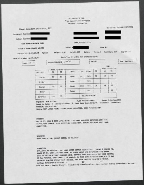 Seth Greisinger scouting report, 1996 March 23