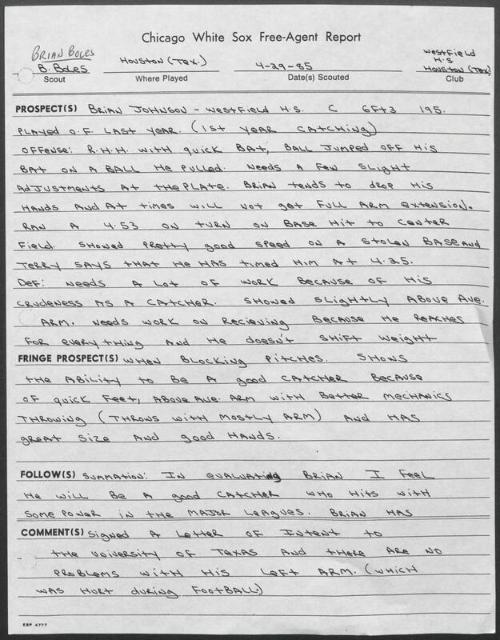 Brian Johnson scouting report, 1985 April 29