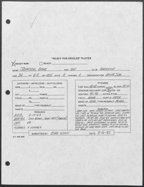 Dane Johnson scouting report, 1995 August 16