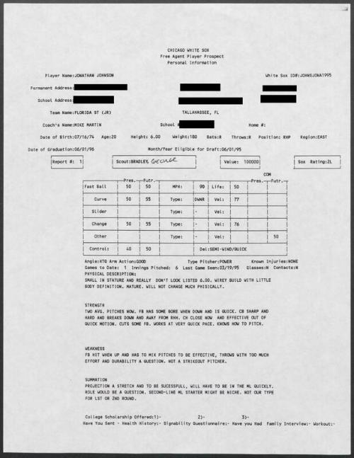 Jonathan Johnson scouting report, 1995 March 19