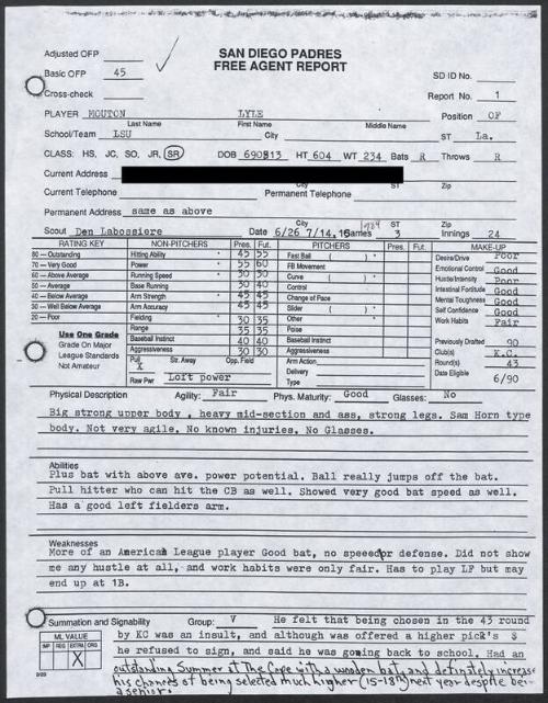 Lyle Mouton scouting report, 1989 July 16