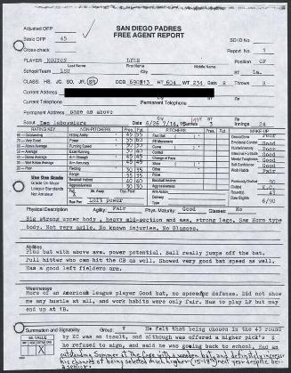 Lyle Mouton scouting report, 1989 July 16