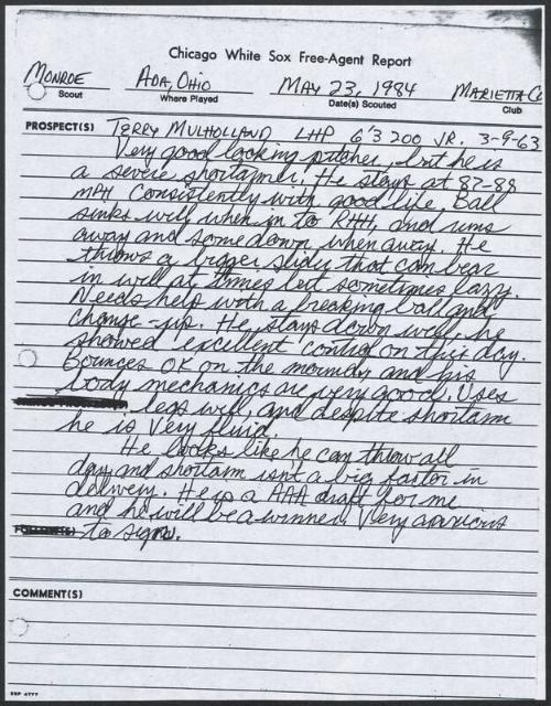Terry Mulholland scouting report, 1984 May 23