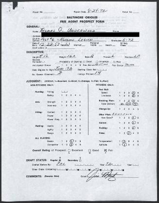 Tom Underwood scouting report, 1972 August 24