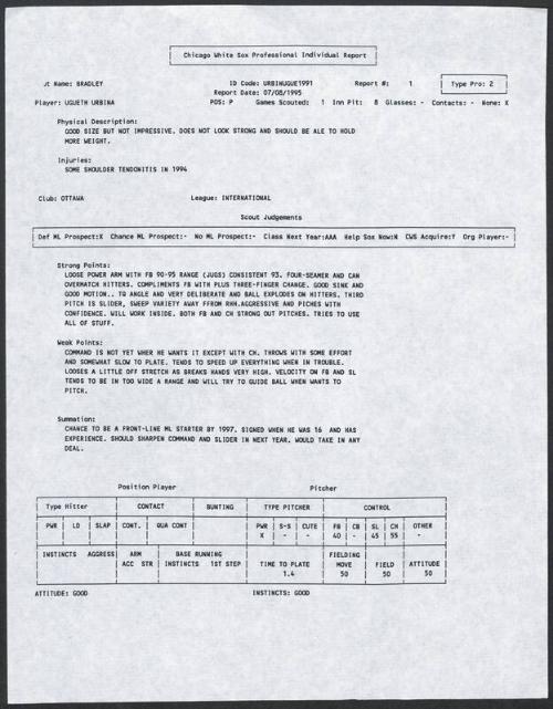 Ugueth Urbina scouting report, 1995 July 08