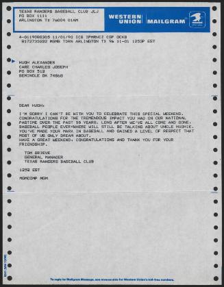 Mailgram from Tom Grieve to Hugh Alexander, 1990 November 01