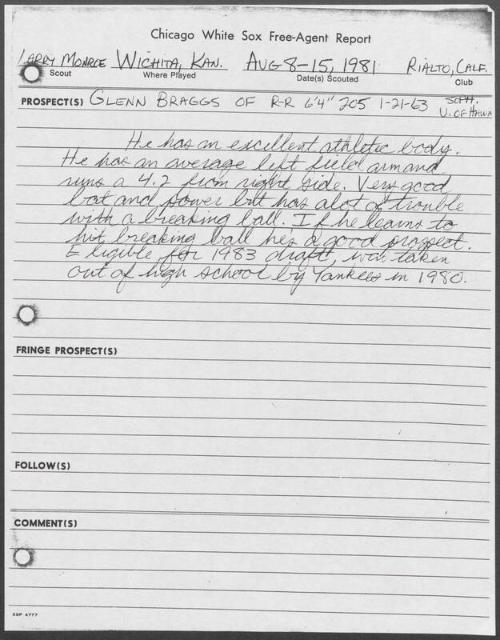 Glenn Braggs scouting report, 1981 August 08-15