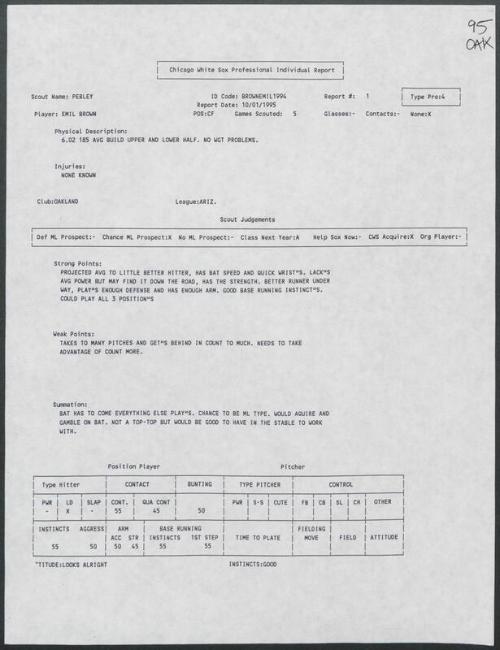 Emil Brown scouting report, 1995 October 01