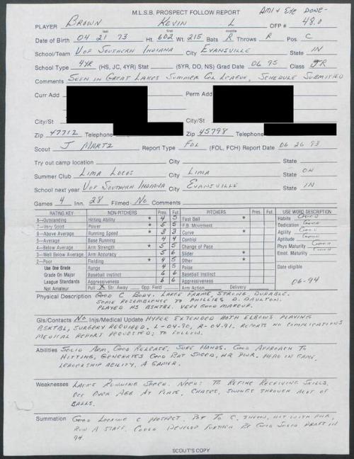 Kevin Brown scouting report, 1993 June 26