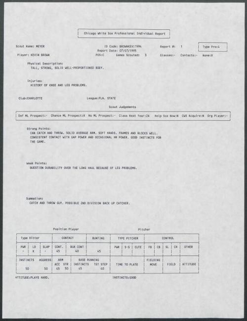 Kevin Brown scouting report, 1995 July 07