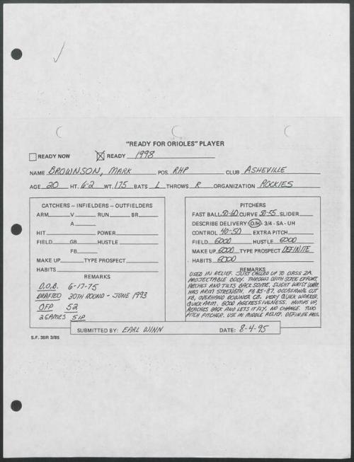 Mark Brownson scouting report, 1995 August 04