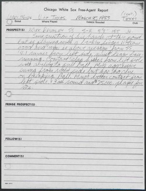 Mike Brumley scouting report, 1983 March 05