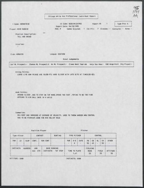 Mike Buddie scouting report, 1995 June 18