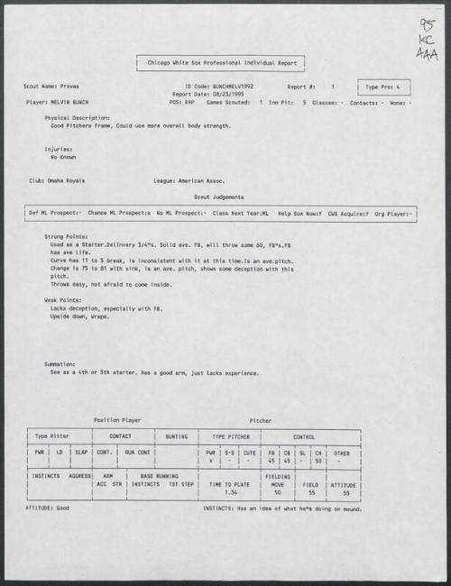Melvin Bunch scouting report, 1995 August 23