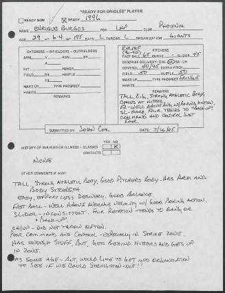 Enrique Burgos scouting report, 1995 July 26