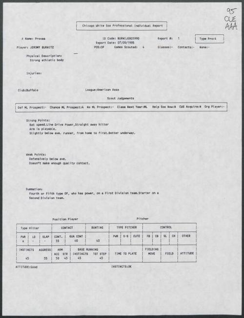 Jeromy Burnitz scouting report, 1995 July 09
