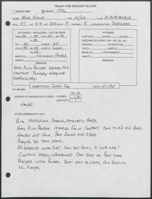 Mike Busch scouting report, 1995 July 17