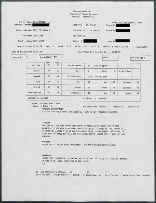 Eric Byrnes scouting report, 1997 February 23