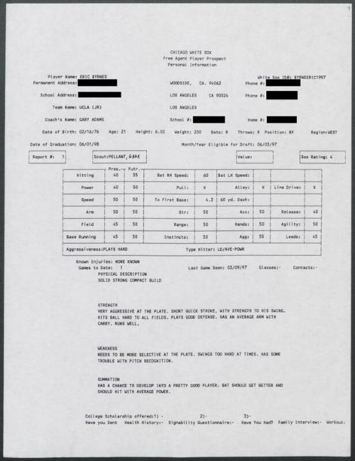 Eric Byrnes scouting report, 1997 March 09
