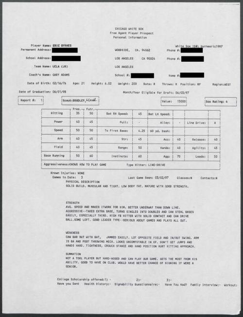 Eric Byrnes scouting report, 1997 March 02