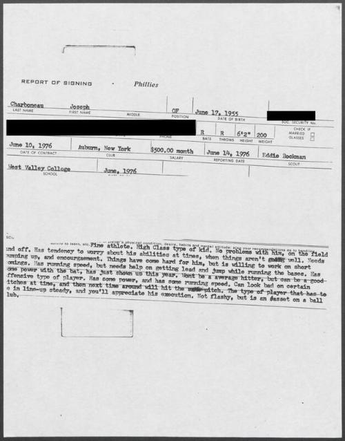 Joe Charboneau scouting report, 1976 June 14