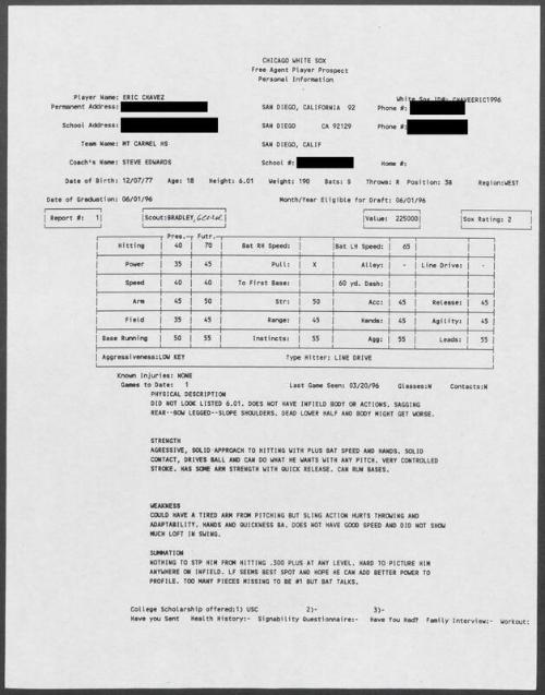 Eric Chavez scouting report, 1996 March 20