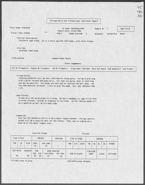 Raul Chavez scouting report, 1995 July 02
