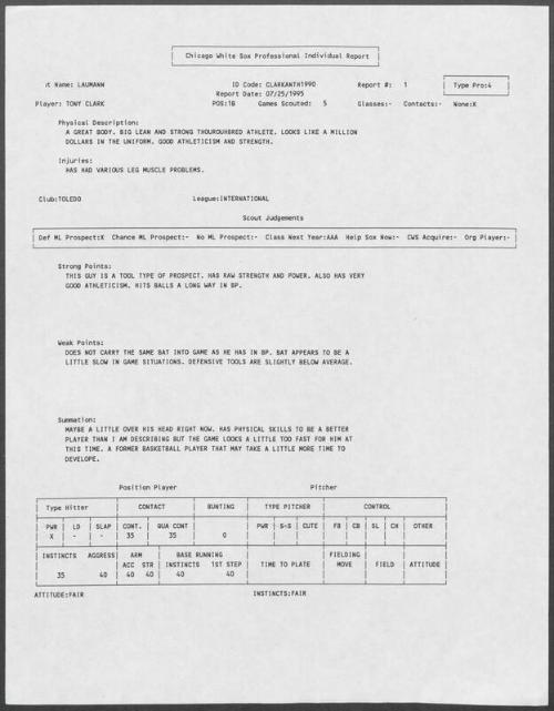 Tony Clark scouting report, 1995 July 25