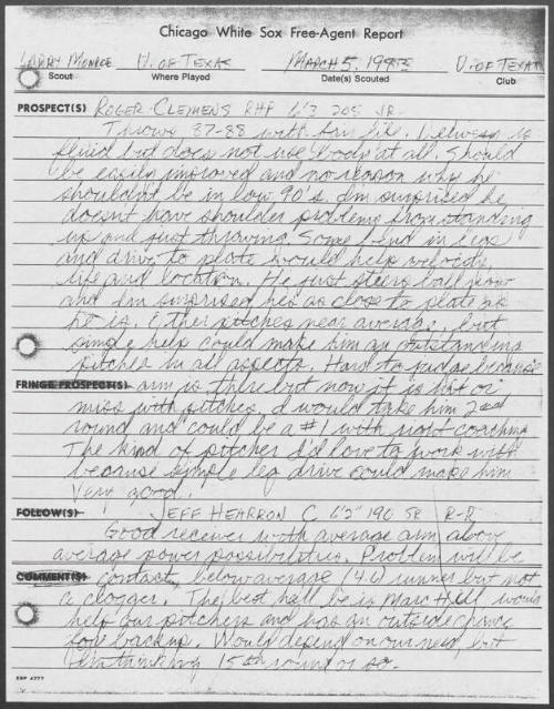 Roger Clemens scouting report, 1983 March 05