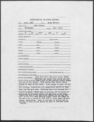 Gene Conley scouting report, 1952 October