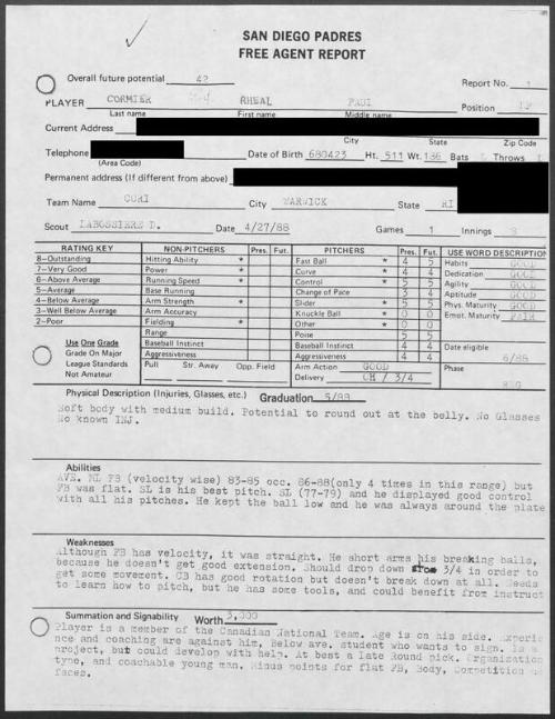 Rheal Cormier scouting report, 1988 April 27