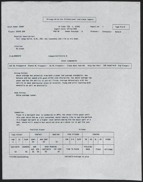 Steve Cox scouting report, 1995 July 16