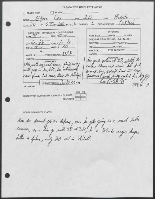 Steve Cox scouting report, 1995 June 22
