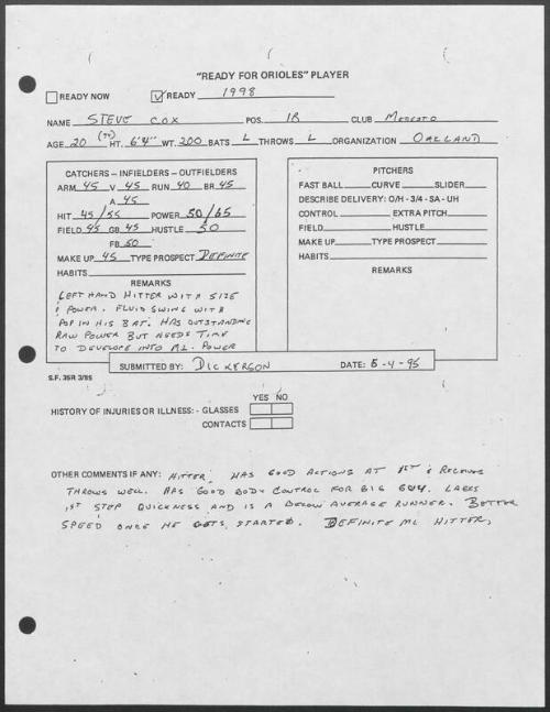 Steve Cox scouting report, 1995 May 04