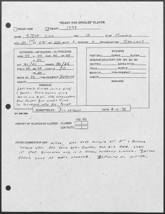Steve Cox scouting report, 1995 May 04