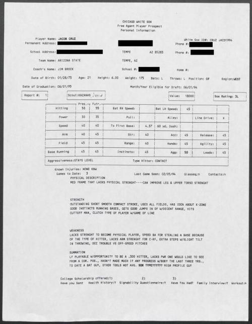 Jacob Cruz scouting report, 1994 February 05