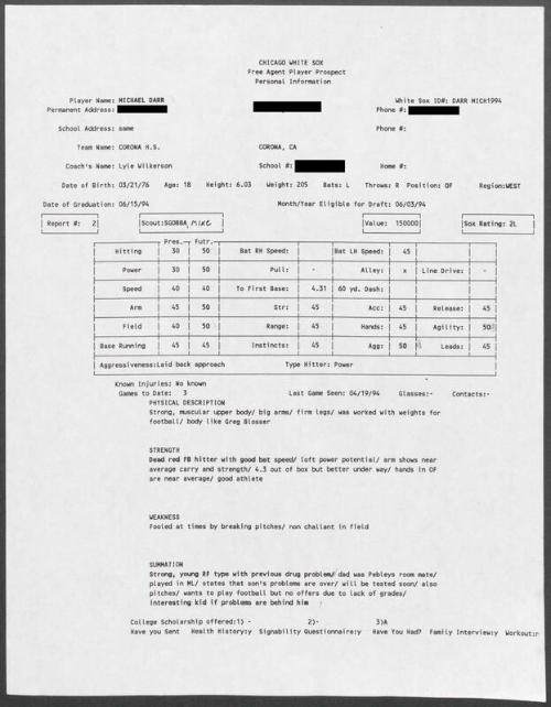 Mike Darr scouting report, 1994 April 19