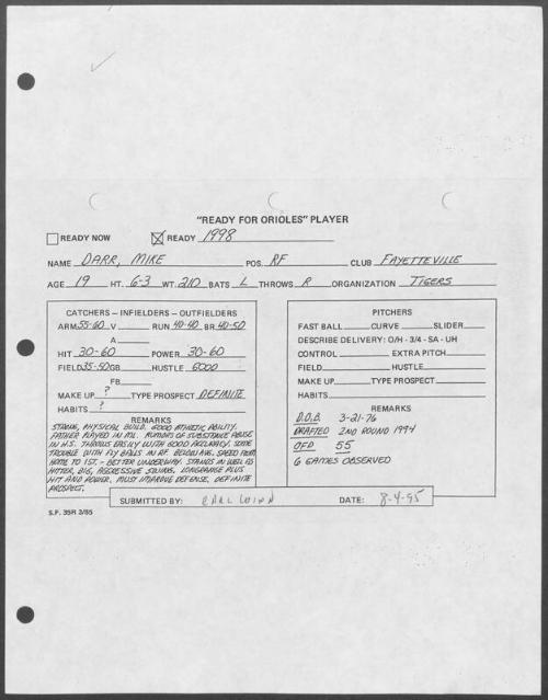 Mike Darr scouting report, 1995 August 04