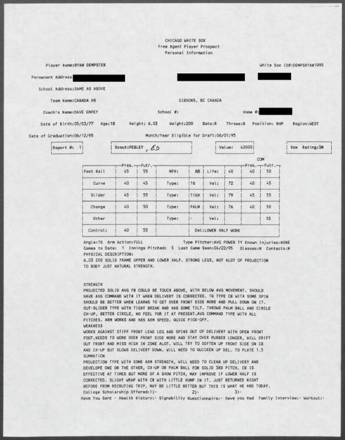 Ryan Dempster scouting report, 1995 April 22