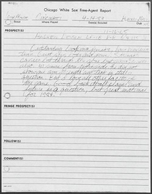 Drew Denson scouting report, 1983 April 14