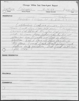 Drew Denson scouting report, 1983 April 14